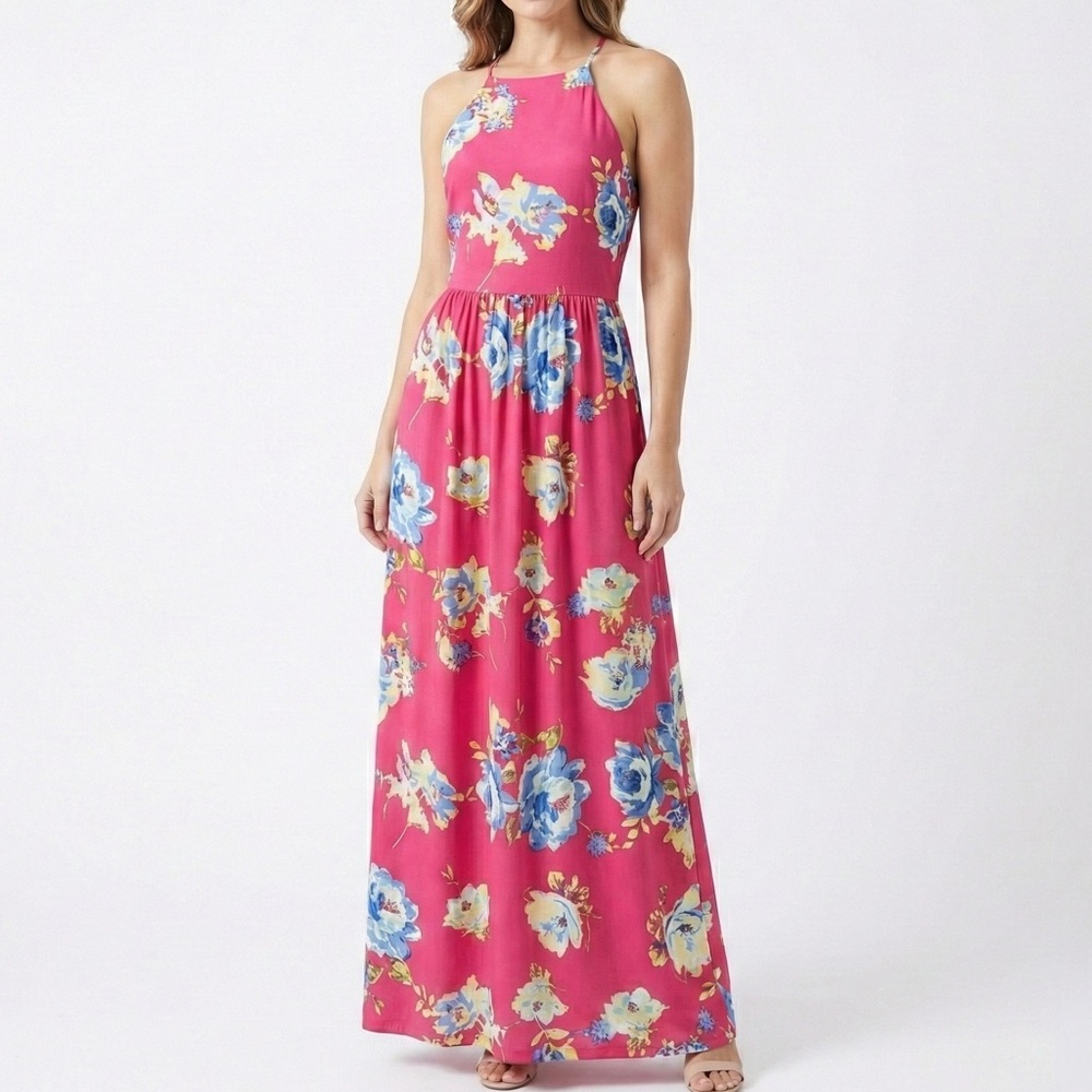 Everly Pink Floral Halter Maxi Dress Boho Summer Vacation Small - Picture 6 of 6